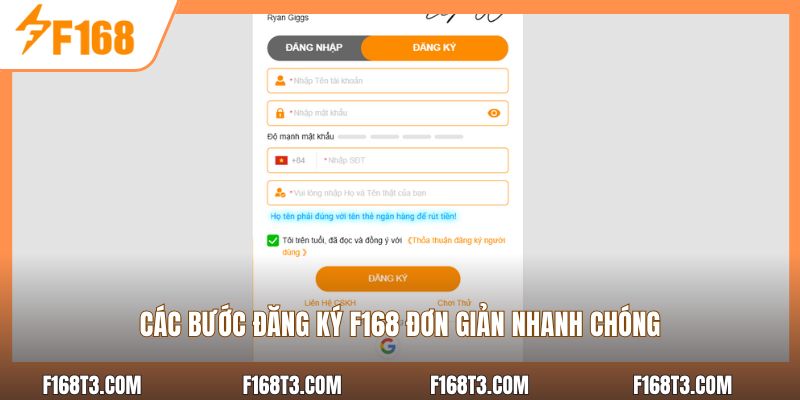 Các bước đăng ký F168 đơn giản nhanh chóng